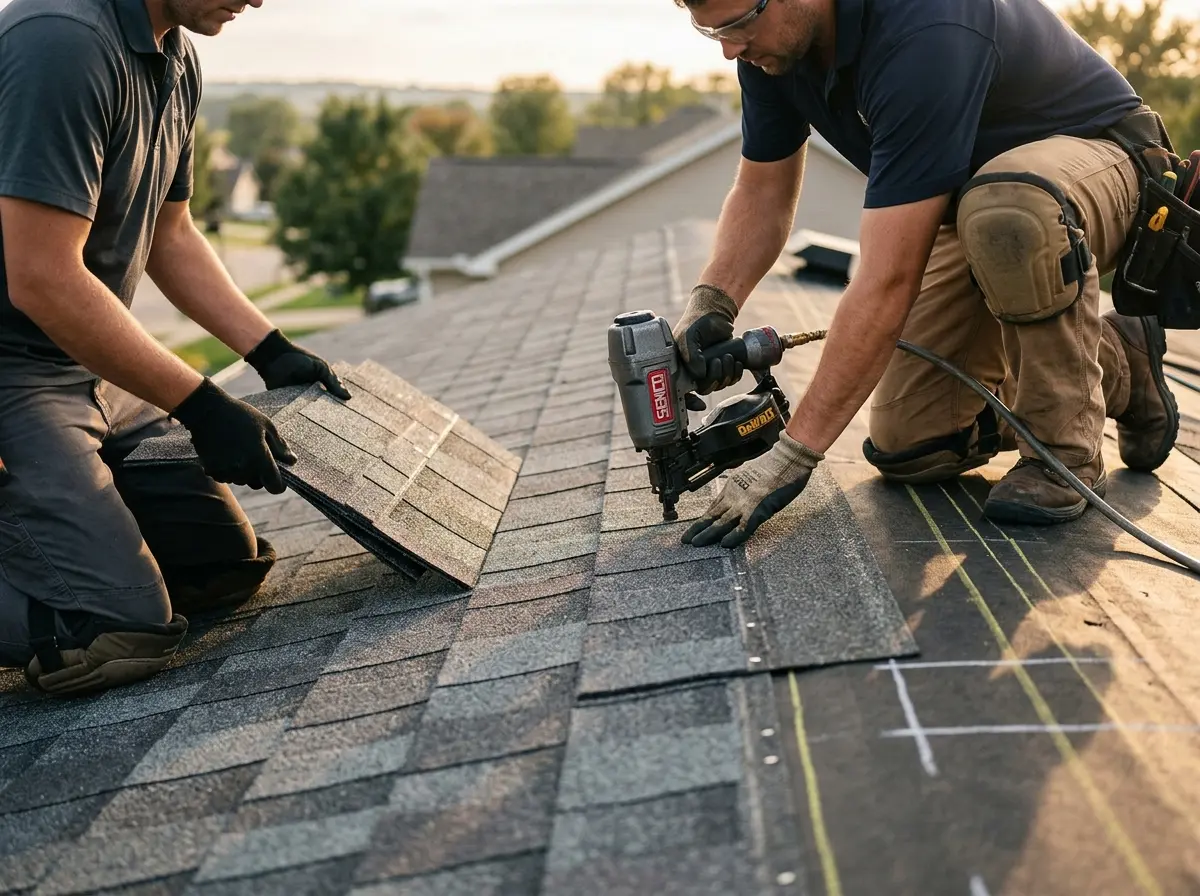 Professional roofer working on a residential roof in Howland Center